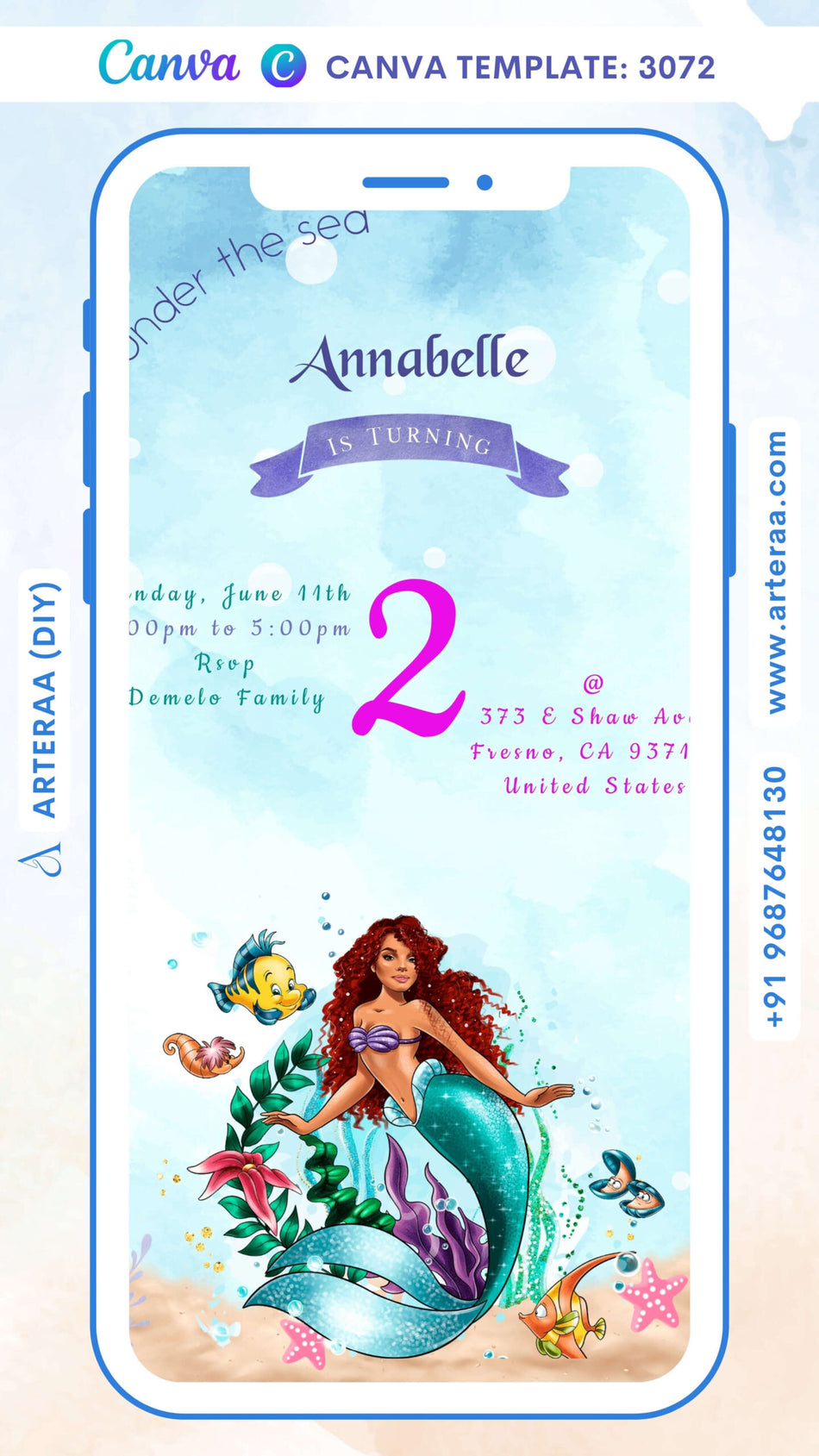 Birthday party invitation card by canva for girl in English language with Under the Sea theme Canva Editable Template design 3072