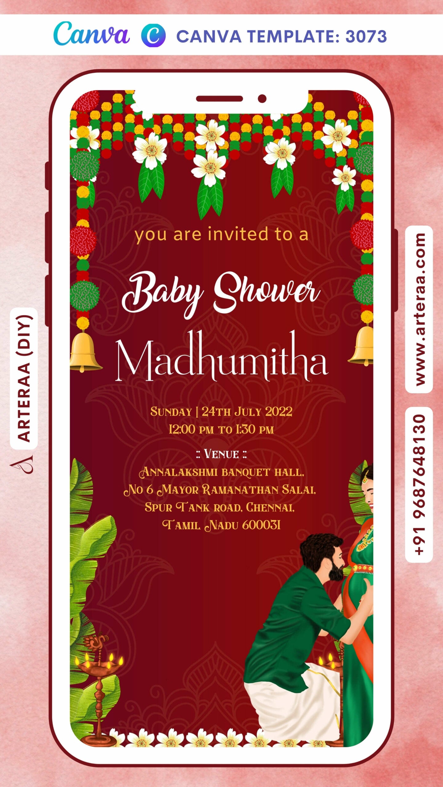 A Digital Baby Shower Invitation for a South Indian Family in English with an Indian Traditional Theme Canva Editable Template Design No. 3073