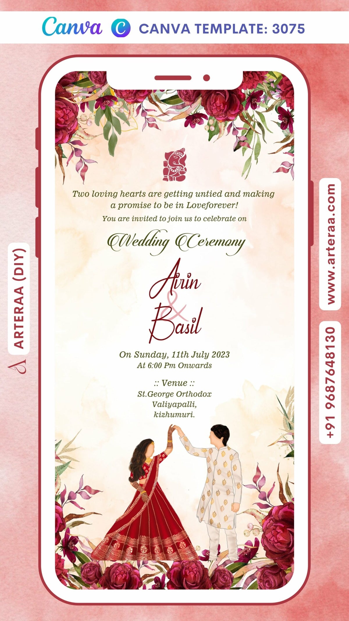 Wedding ceremony invitation card by canva of hindu south indian malayali family in english language with floral theme Canva Editable Template design 3075