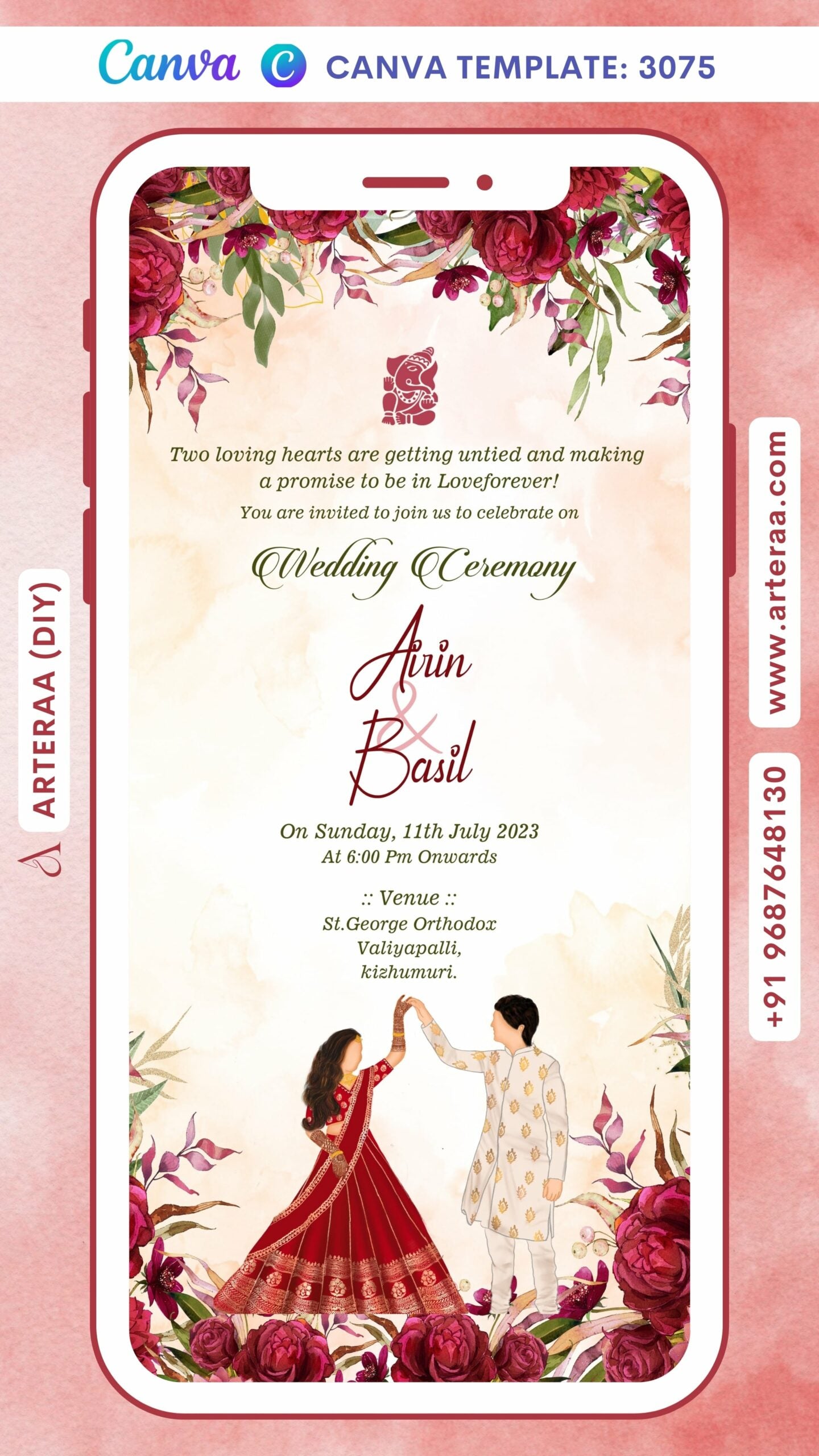 Wedding ceremony invitation card by canva of hindu south indian malayali family in english language with floral theme Canva Editable Template design 3075