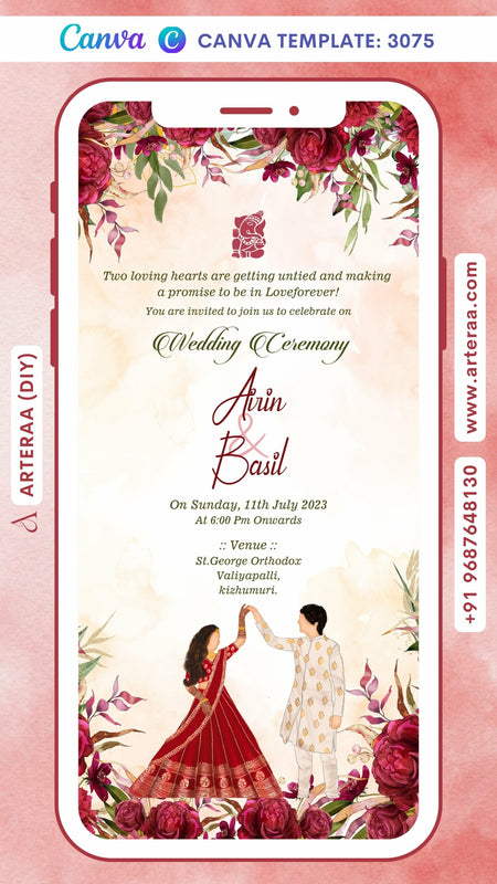 Wedding ceremony invitation card by canva of hindu south indian malayali family in english language with floral theme Canva Editable Template design 3075