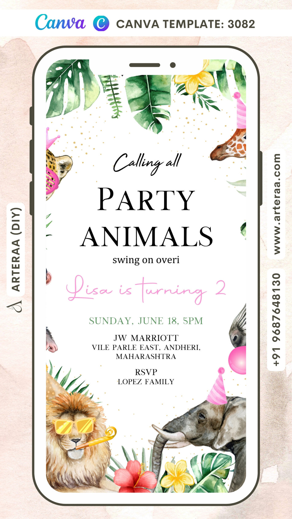 Birthday party invitation card by canva in English language with animal as jungle theme Canva Editable Template design 3082
