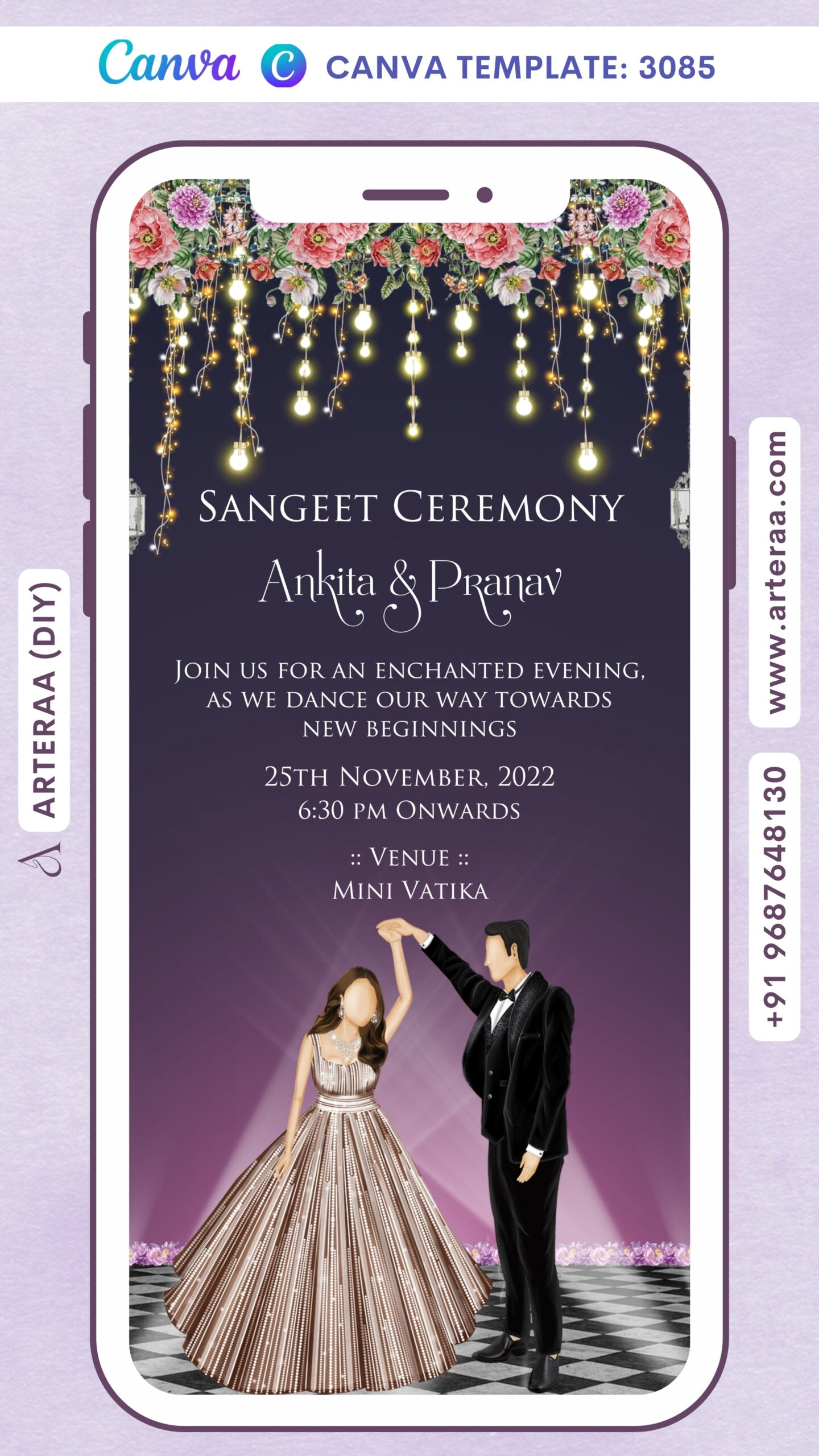 Sangeet Sandhya Ceremony invitation Canva Editable video Template in english language with flowers, couple doodle as floral theme design 3085