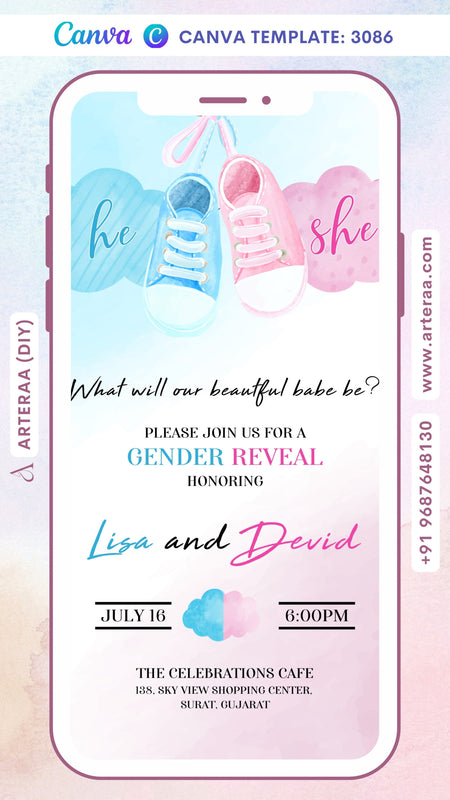 Gender Reveal Party invitation card Canva Editable Template in english language with shoes as minimalistic theme design 3086
