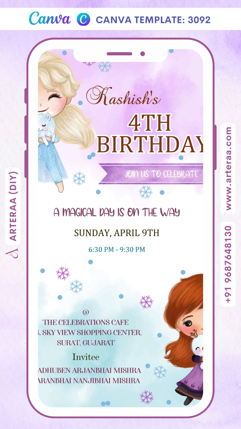 Birthday party invitation card by canva in English language with doll theme Canva Editable Template design 3092