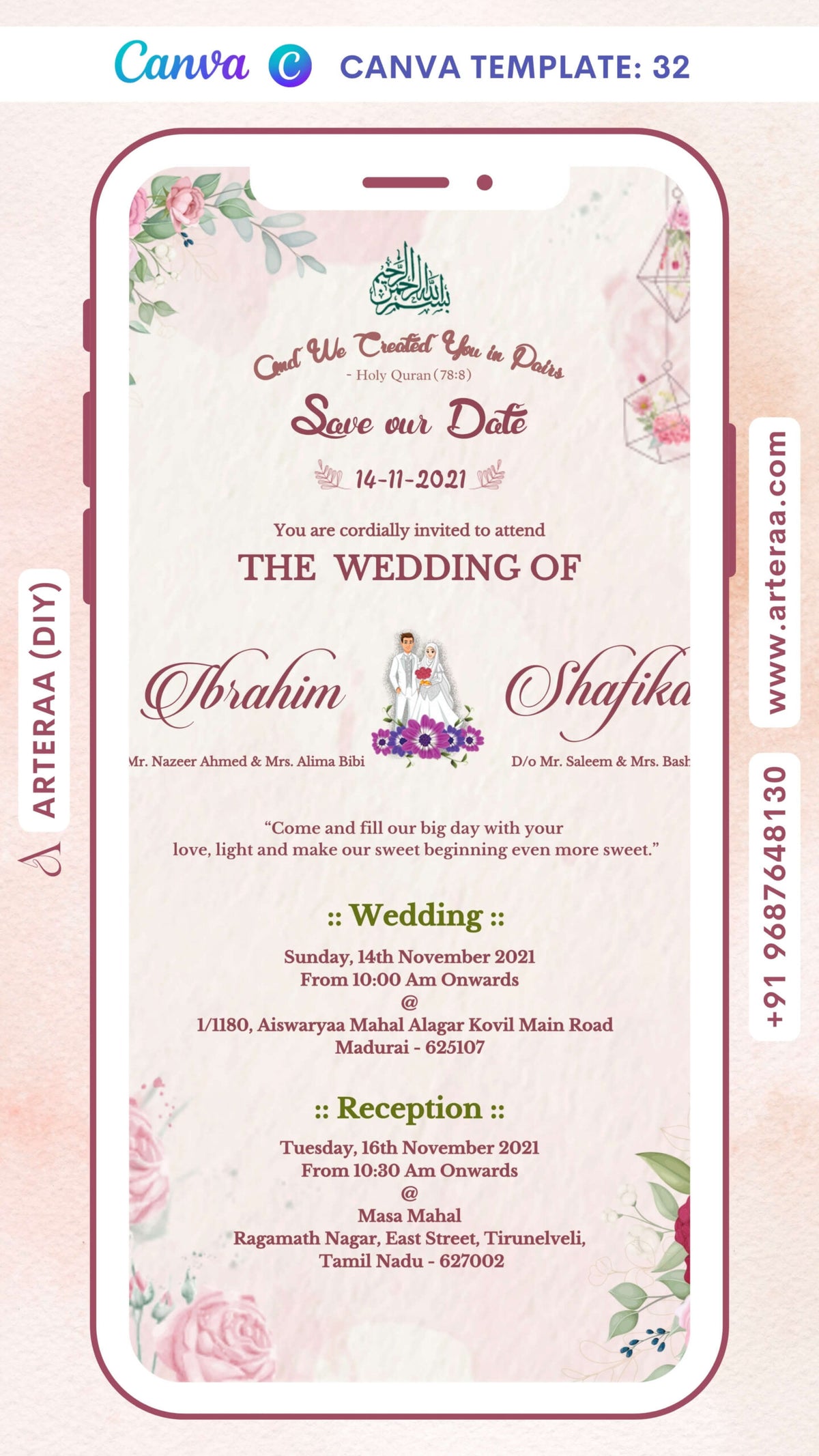 Nikah ceremony invitation card Canva Editable Template of Muslim family in english language with Floral theme design 32