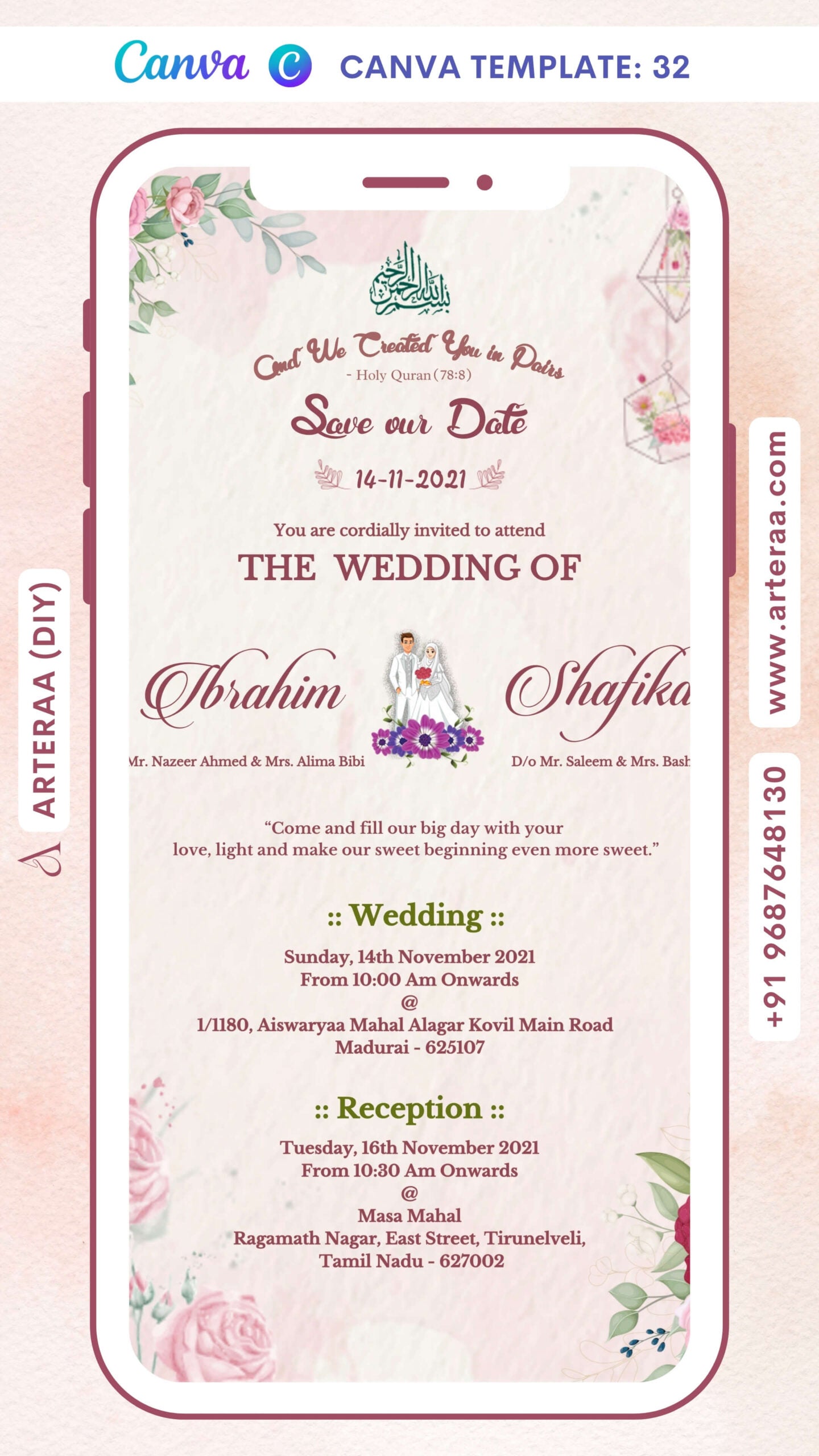 Nikah ceremony invitation card Canva Editable Template of Muslim family in english language with Floral theme design 32