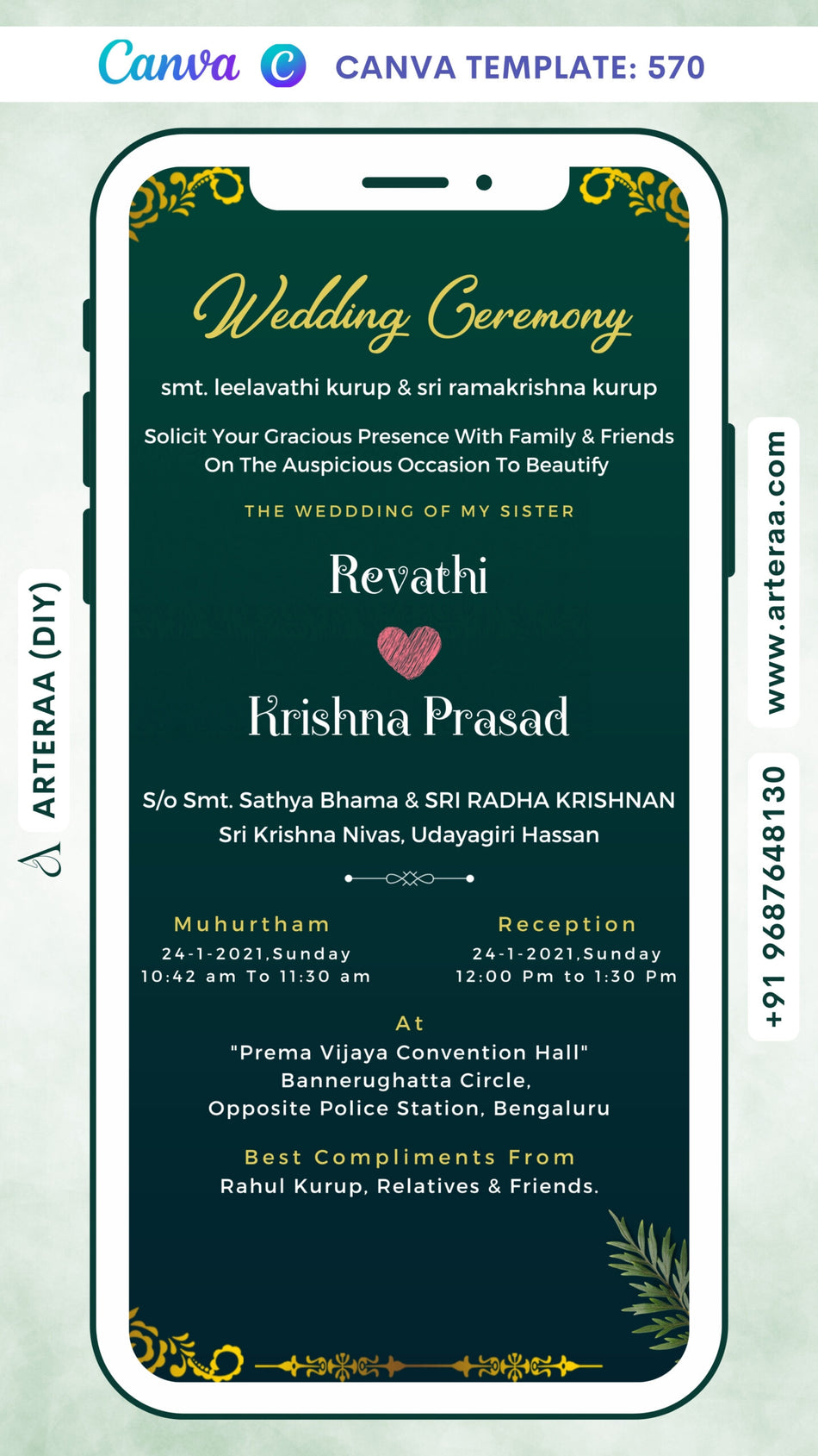 Wedding ceremony invitation card Canva Editable Template of hindu south indian kannada family in english language with Minimalistic theme design 570