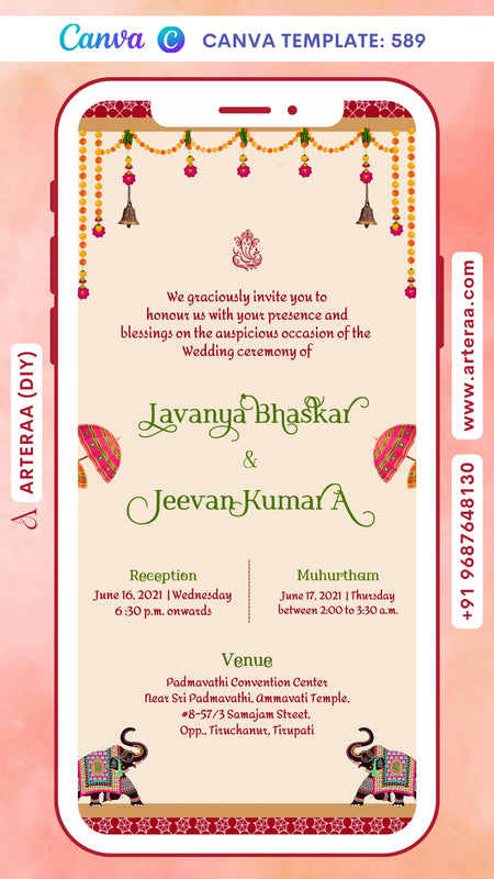 Wedding ceremony invitation card Canva Editable Template of hindu south indian telugu family in english language with traditional theme design 589