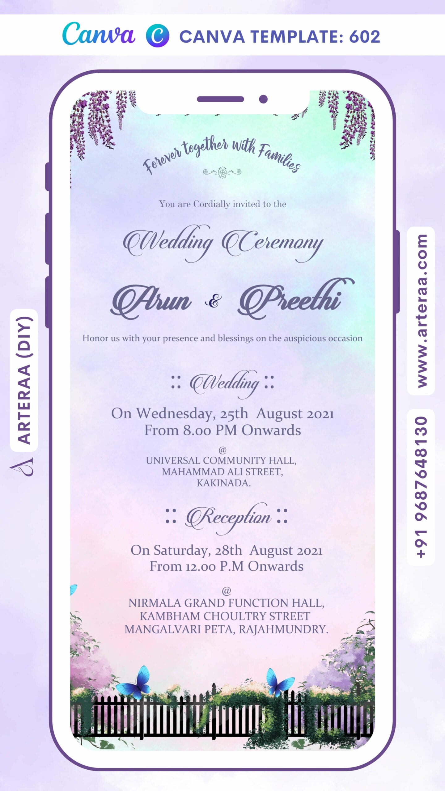Wedding ceremony invitation card Canva Editable Template of hindu south indian telugu family in english language with Garden theme design 602