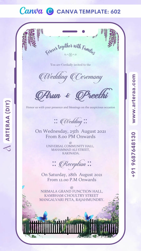 Wedding ceremony invitation card Canva Editable Template of hindu south indian telugu family in english language with Garden theme design 602