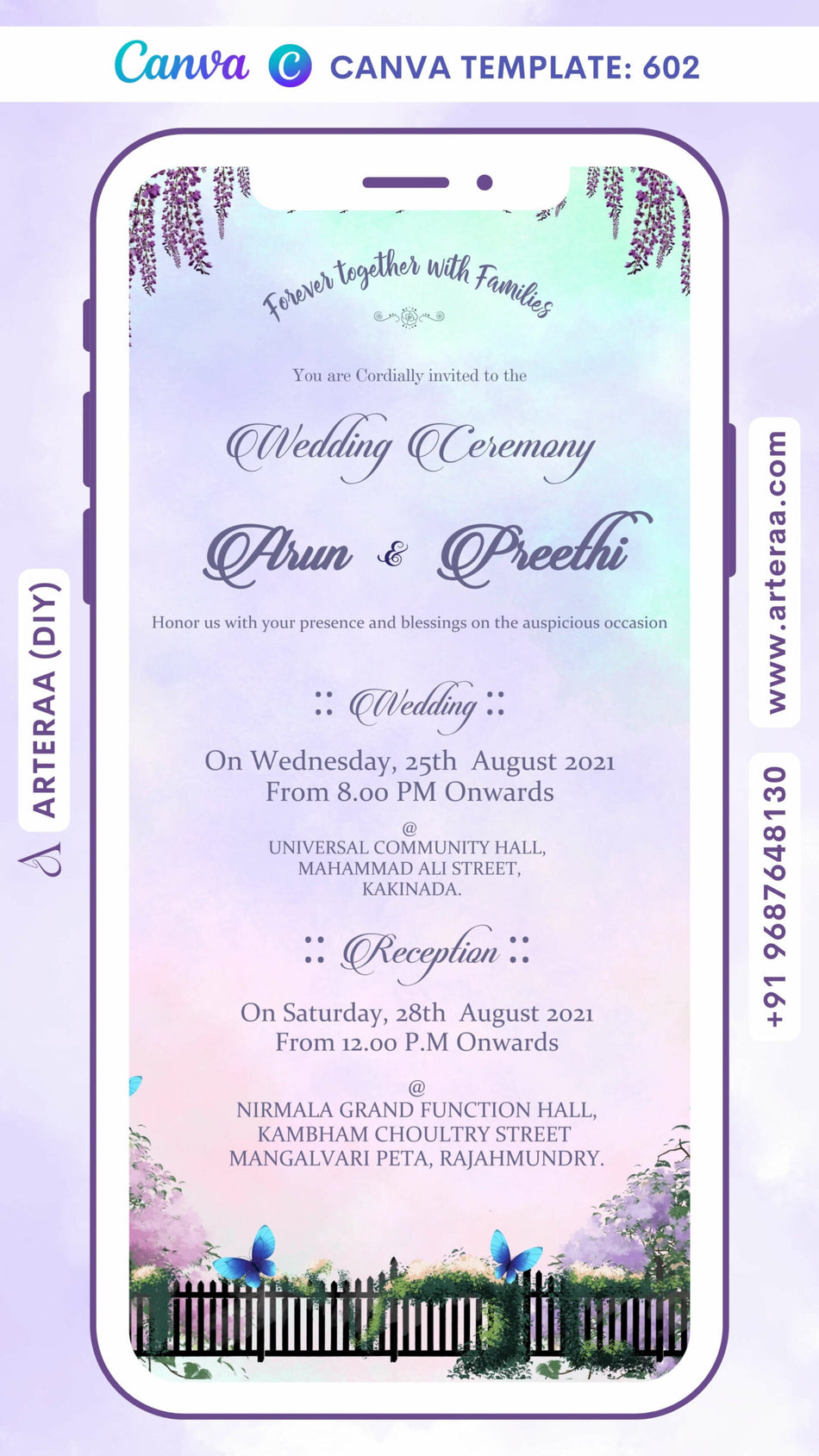 Wedding ceremony invitation card Canva Editable Template of hindu south indian telugu family in english language with Garden theme design 602