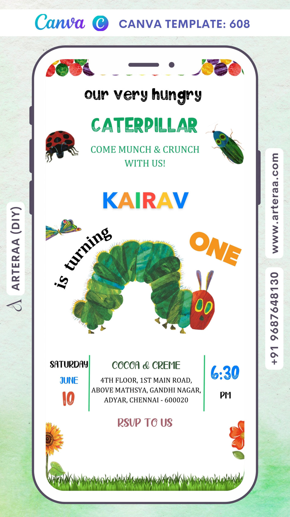 Birthday party invitation card Canva Editable Template for boy in english language with sunflower, insects as caterpillar theme design 608