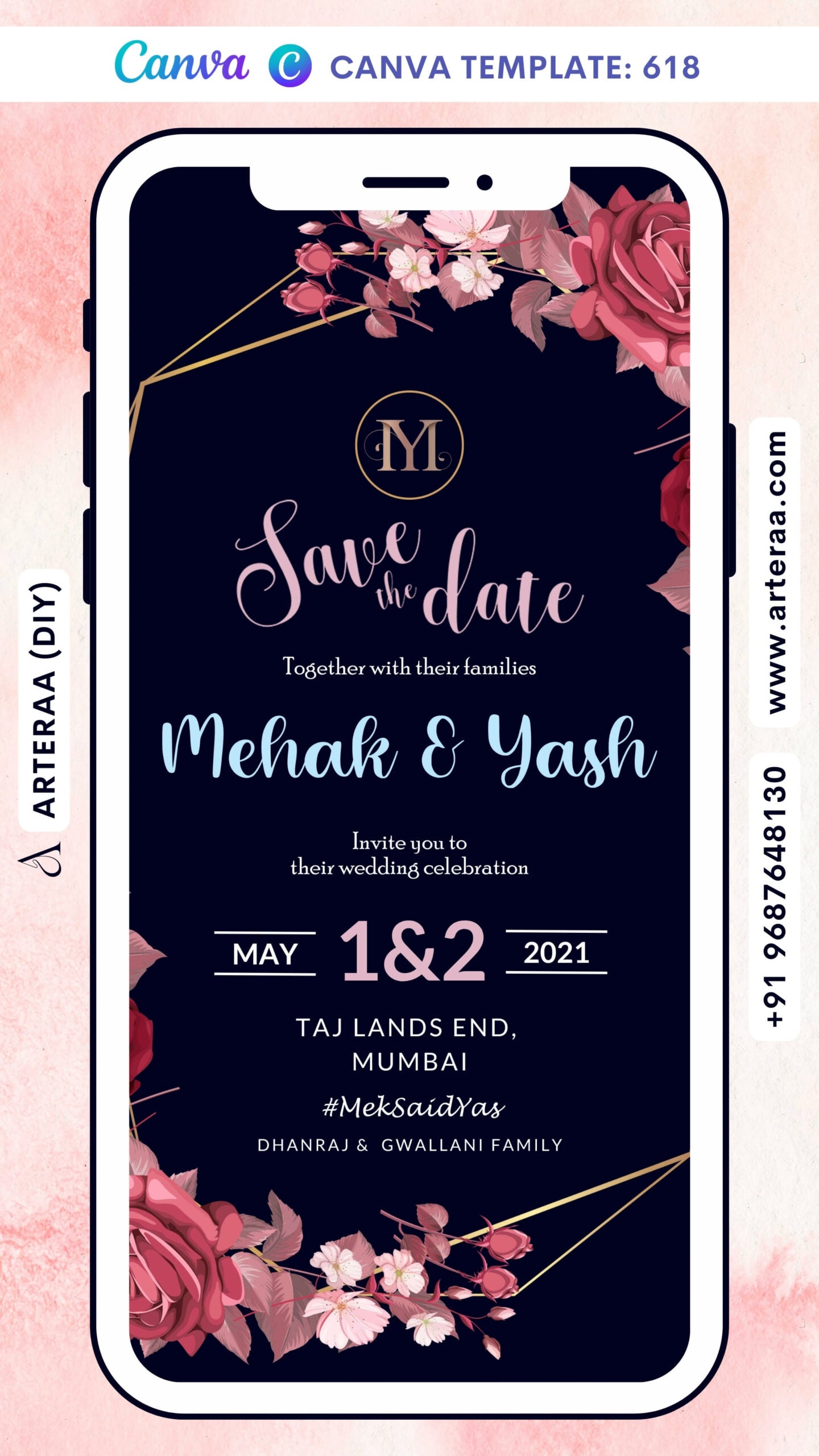 Save the Date card Canva Editable Template in english language with flowers, couple logo as floral theme design 618