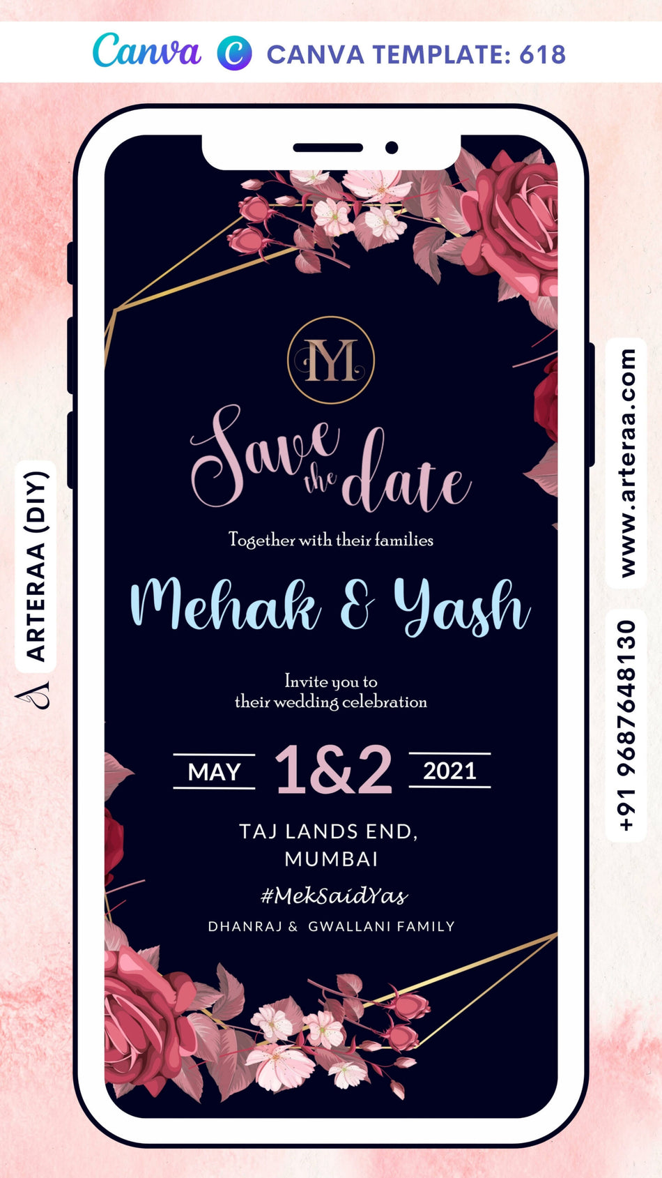 Save the Date card Canva Editable Template in english language with flowers, couple logo as floral theme design 618