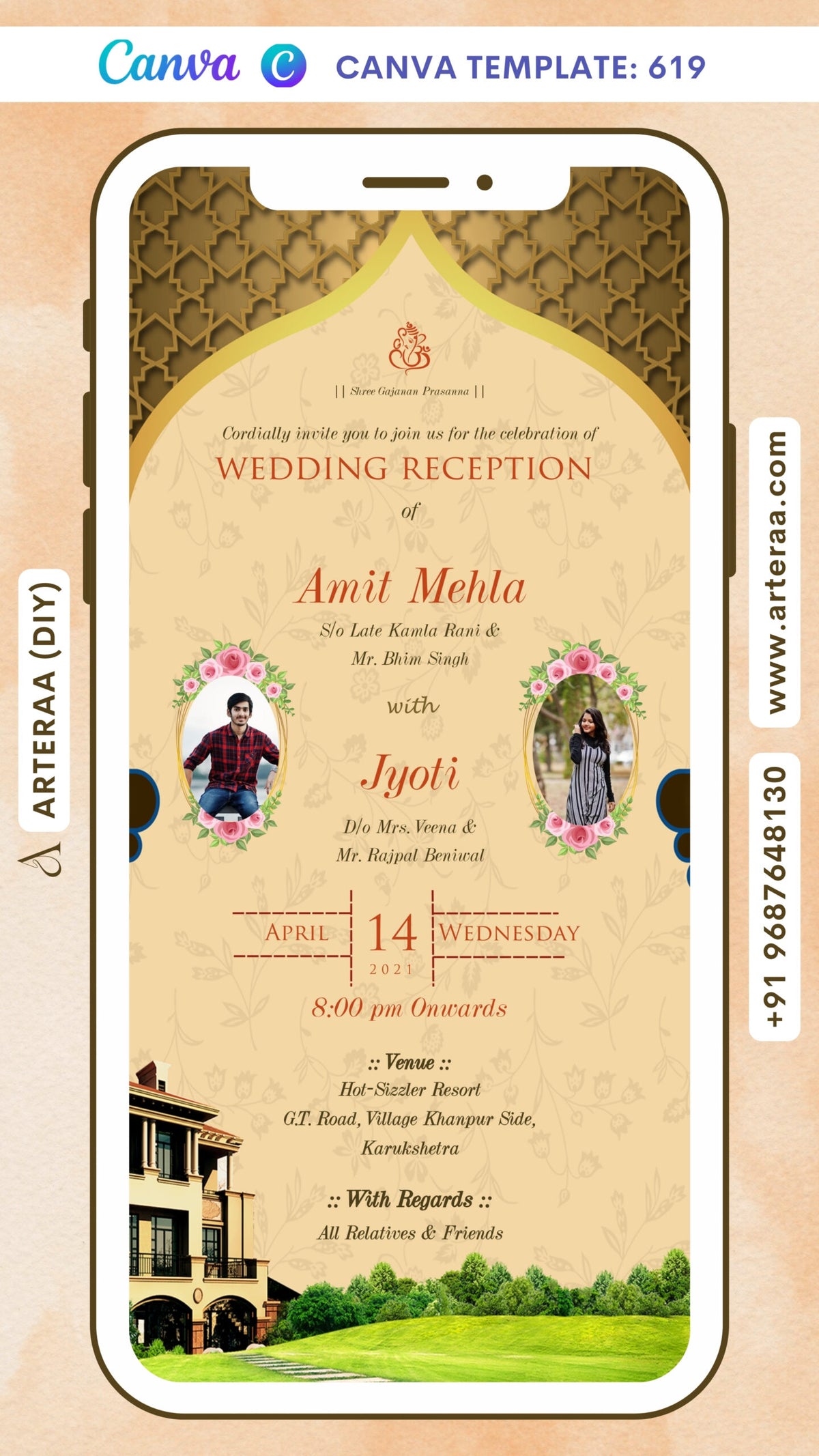 Reception Party invitation card Canva Editable Template in english language with couple photo as arch theme design 619