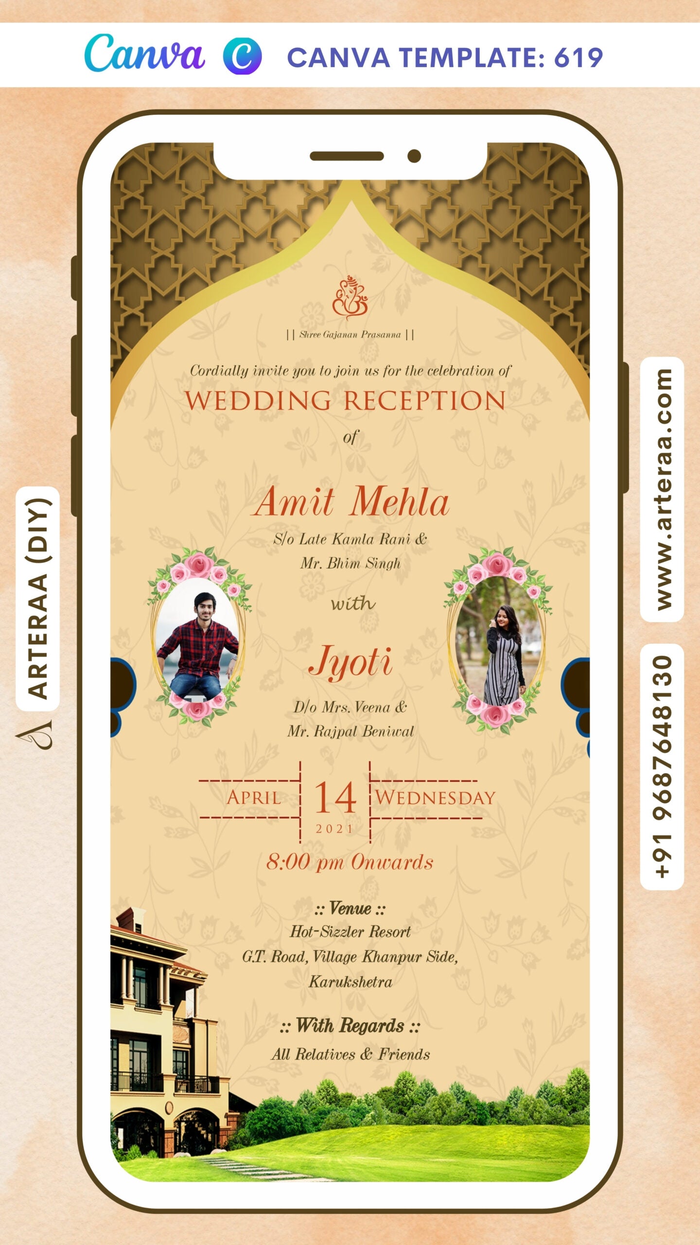 Reception Party invitation card Canva Editable Template in english language with couple photo as arch theme design 619