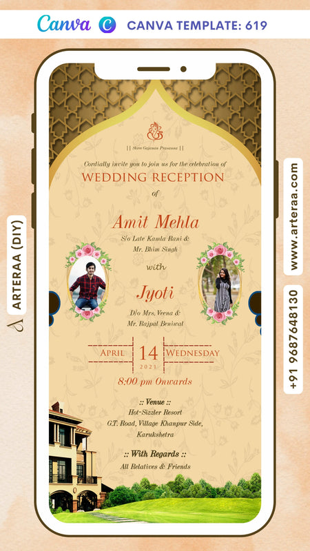 Reception Party invitation card Canva Editable Template in english language with couple photo as arch theme design 619