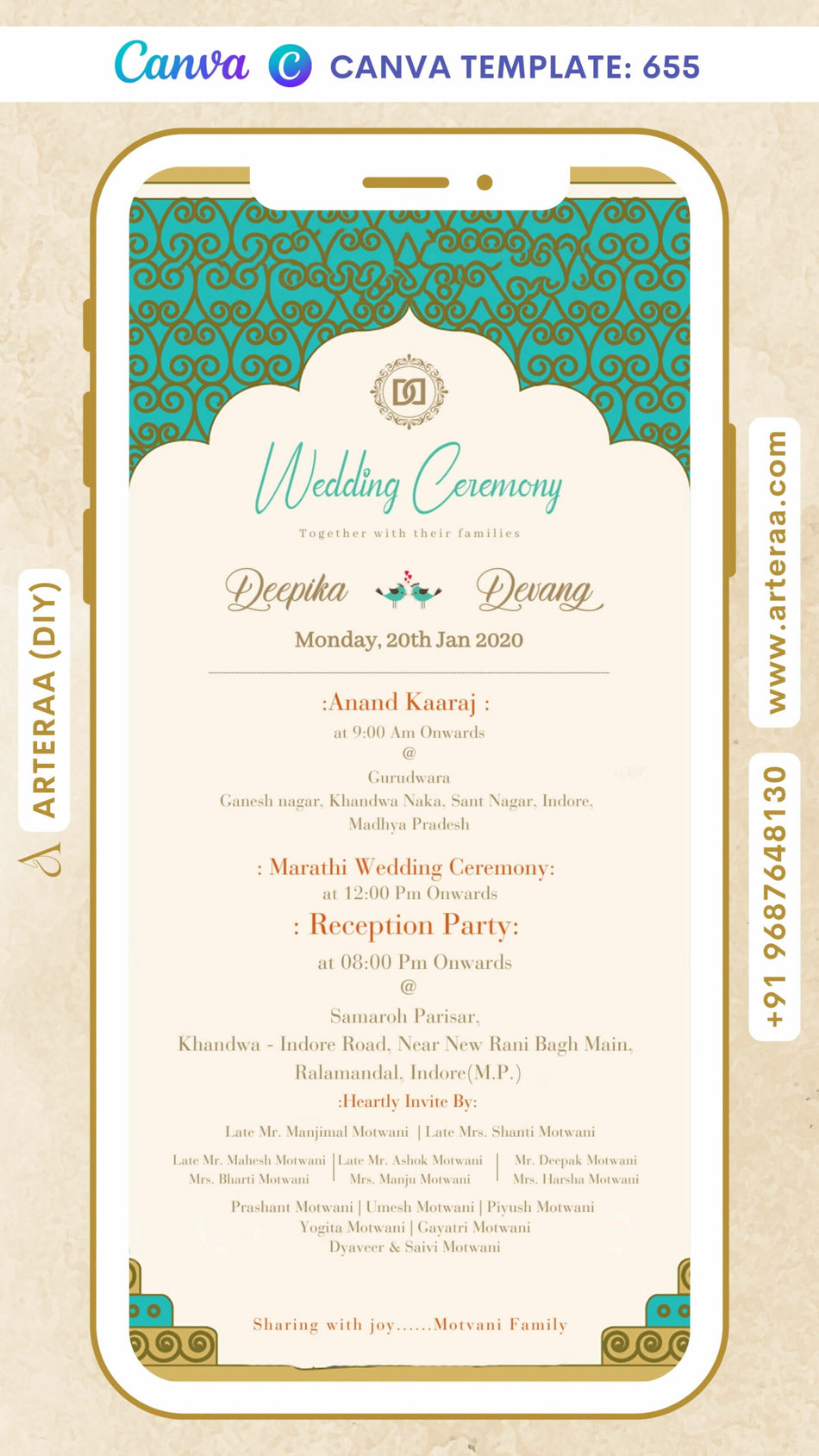 Digital Wedding Ceremony Invitation of Indian Family in English Language With Traditional Theme Canva Editable Template Design No. 655