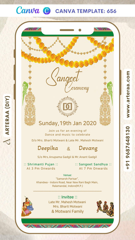 Digital Sangeet Ceremony Invitation Of Indian Family In English Language With Arch and texture floral Theme Canva Editable Template design no - 656