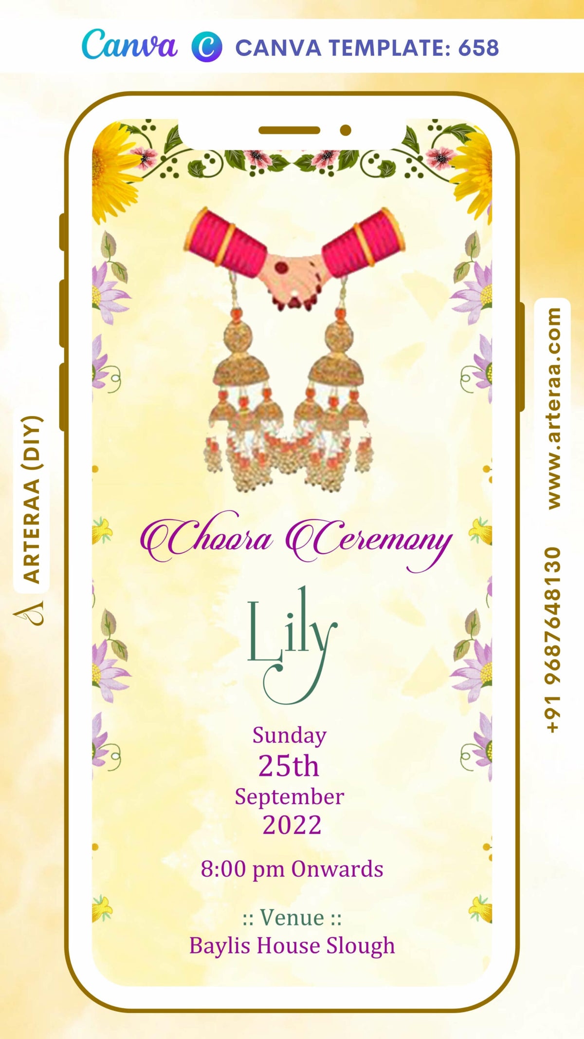 Digital Choora Ceremony Invitation Of Punjabi Family In English Language With Floral Theme Canva Editable Template Design No. 658