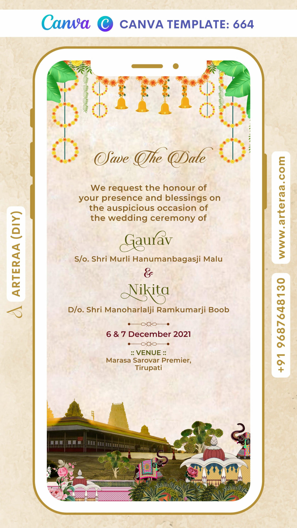 Save the Date card Canva Editable Template in english language with elephants, garland as traditional theme design 664