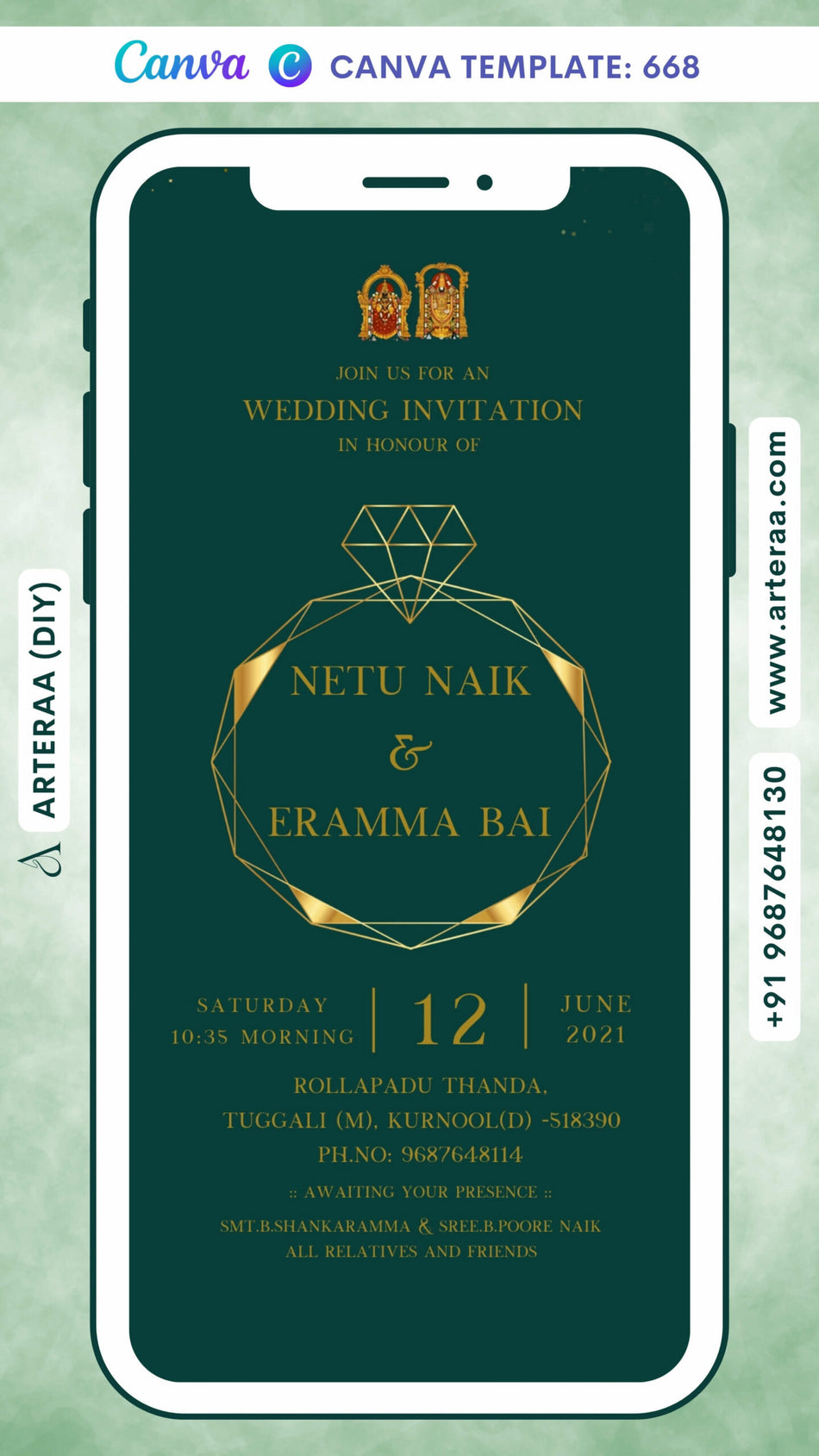 Wedding ceremony invitation card Canva Editable Template of hindu south indian telugu family in english language with Minimalistic theme design 668
