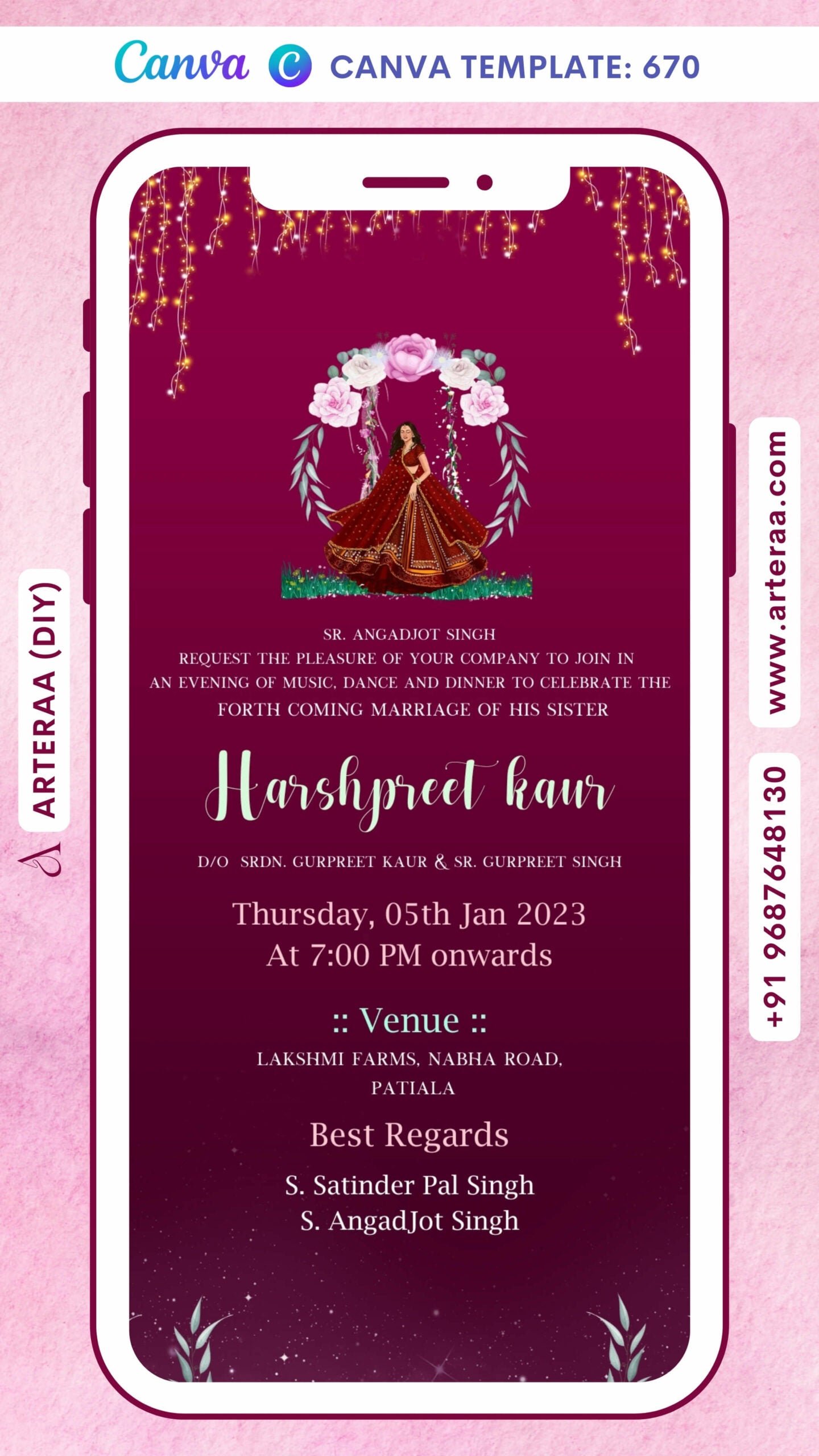 Half Saree ceremony invitation card Canva Editable Template in english language with glittery theme design 670