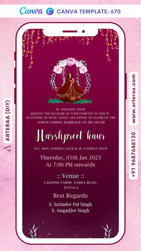 Half Saree ceremony invitation card Canva Editable Template in english language with glittery theme design 670