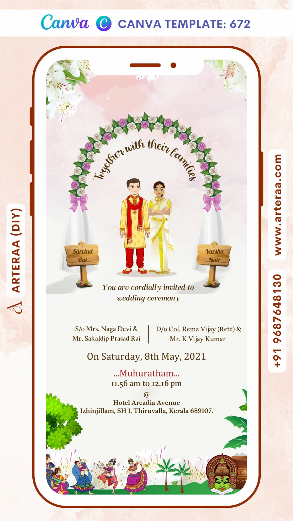 Wedding ceremony invitation card Canva Editable Template of hindu south indian malayali family in english language with Floral theme design 672