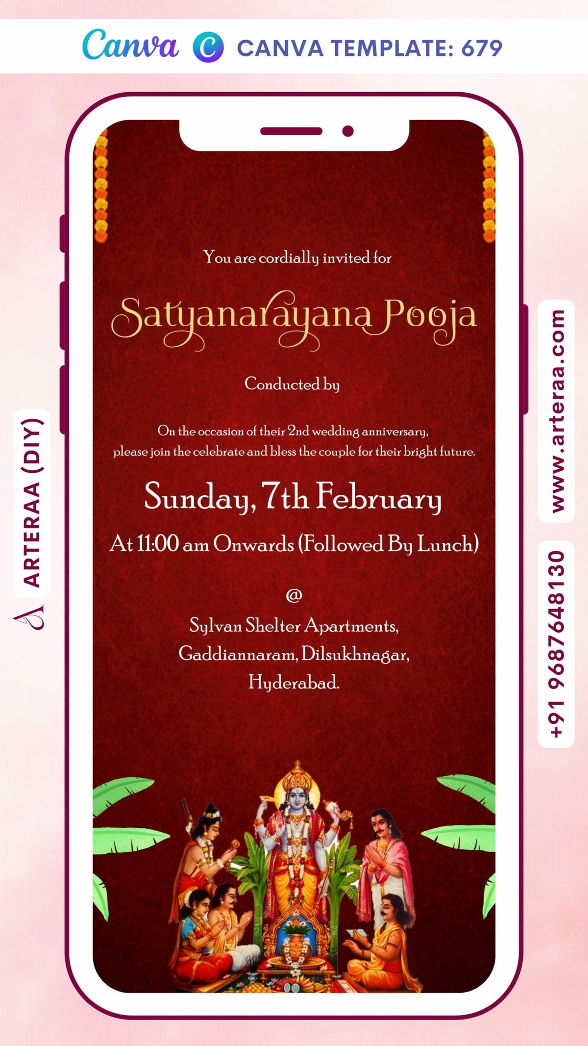 Satyanarayan Pooja Ceremony invitation card Canva Editable Template in english language with banana leaves, god vishnu image as traditional theme design 679