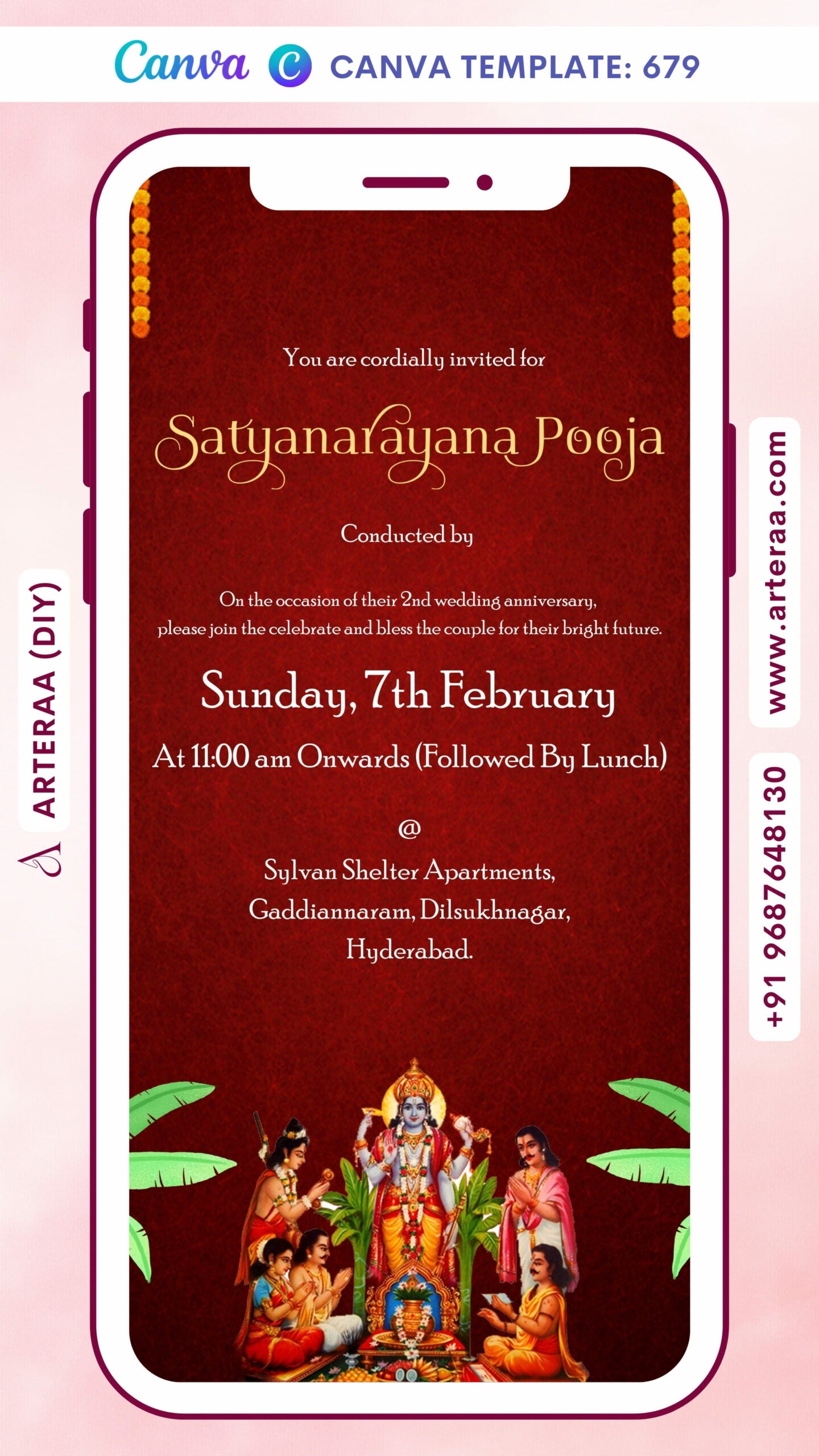 Satyanarayan Pooja Ceremony invitation card Canva Editable Template in english language with banana leaves, god vishnu image as traditional theme design 679