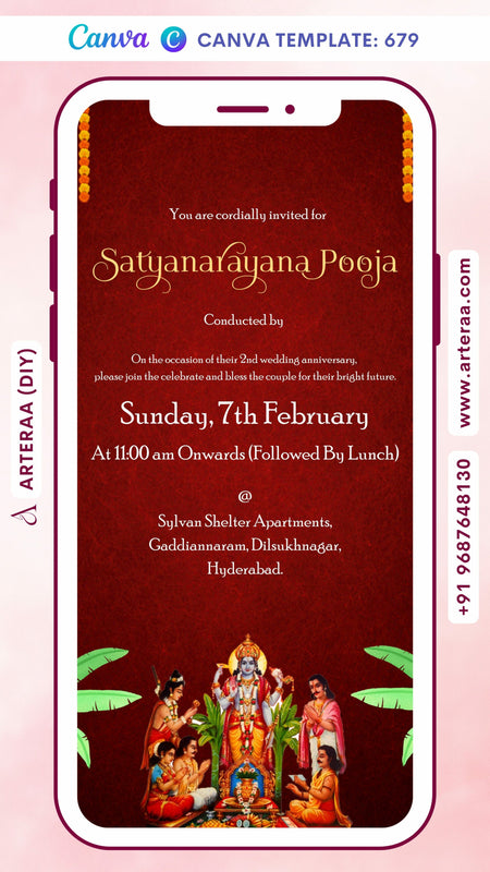 Satyanarayan Pooja Ceremony invitation card Canva Editable Template in english language with banana leaves, god vishnu image as traditional theme design 679