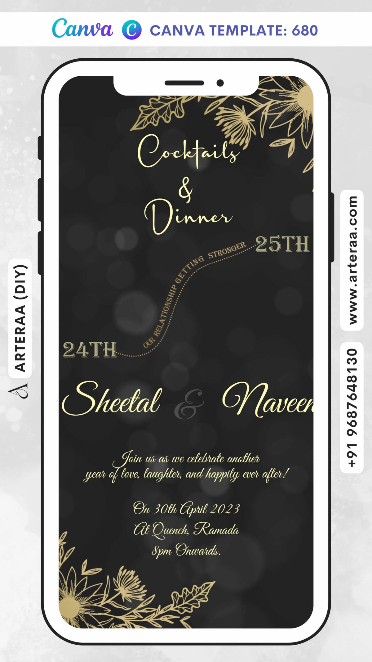 Dinner Party invitation card Canva Editable Template in english language with leaves as minimalistic theme design 680