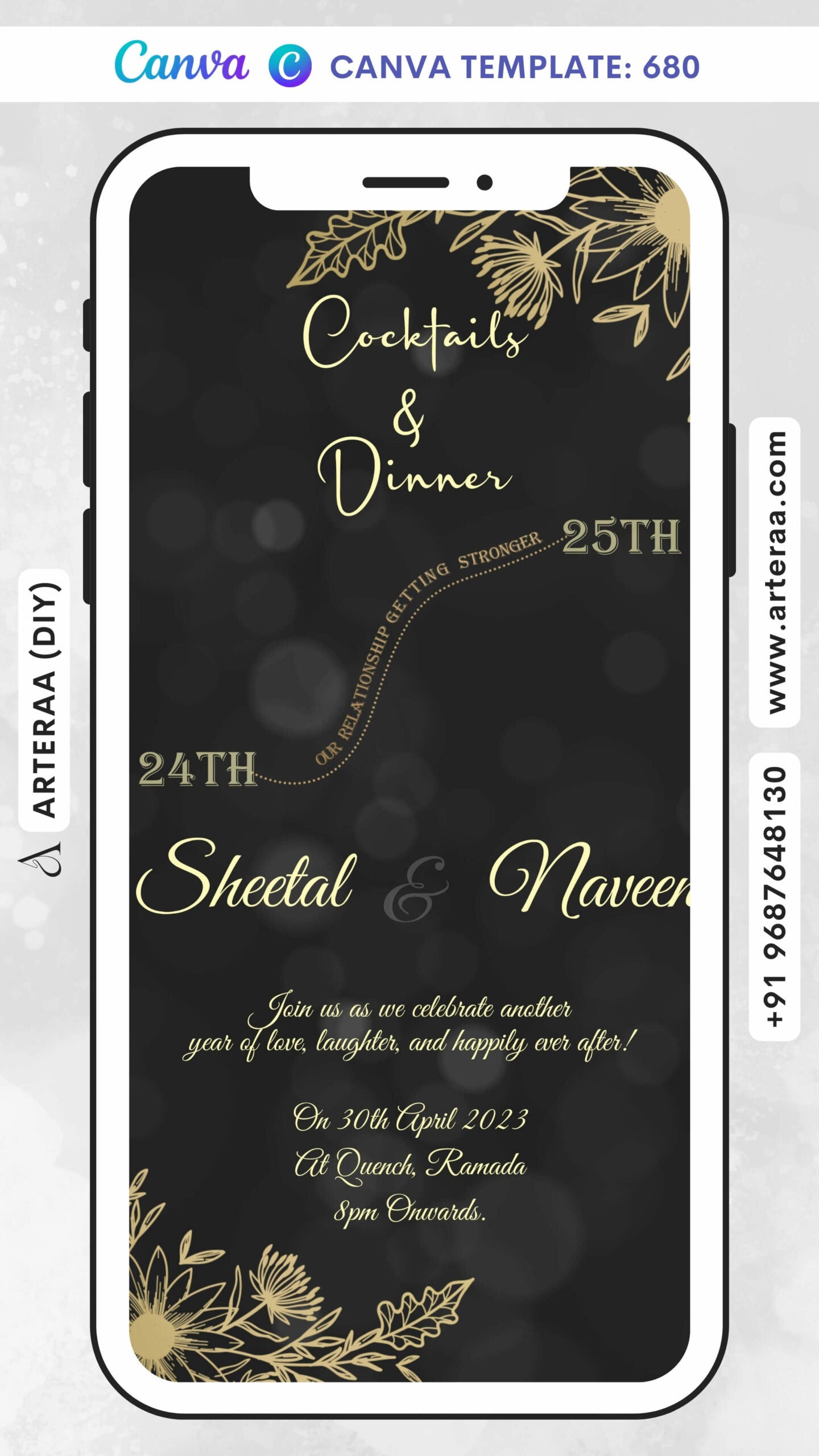 Dinner Party invitation card Canva Editable Template in english language with leaves as minimalistic theme design 680