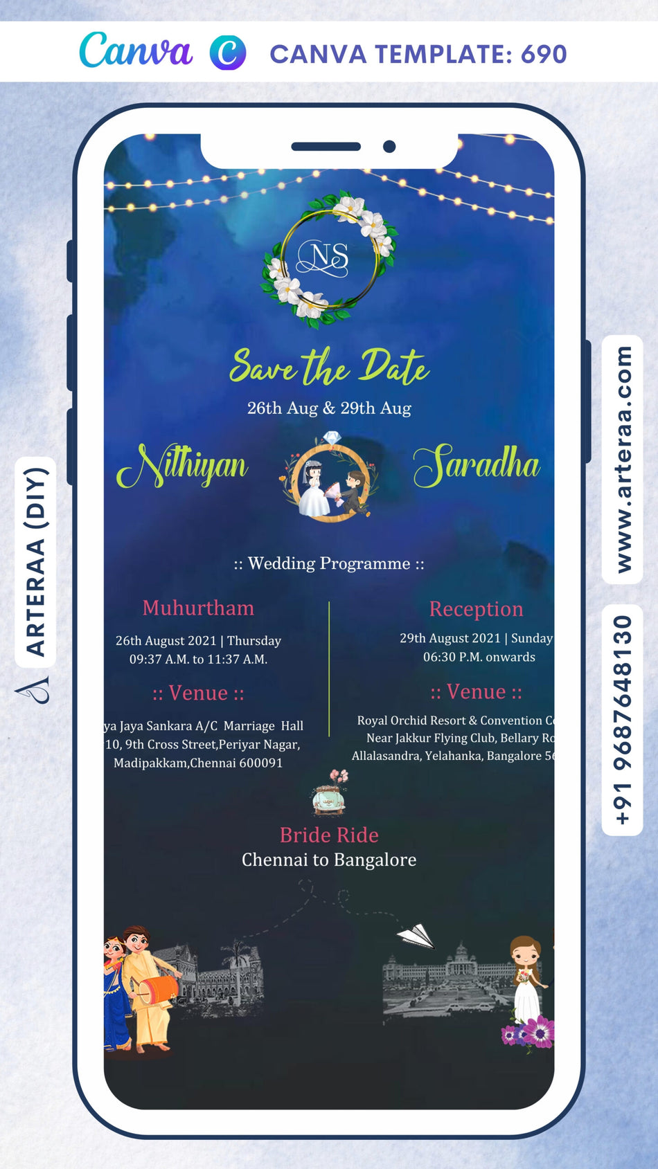 Wedding ceremony invitation card Canva Editable Template of hindu south indian kannada family in english language with Shining theme design 690