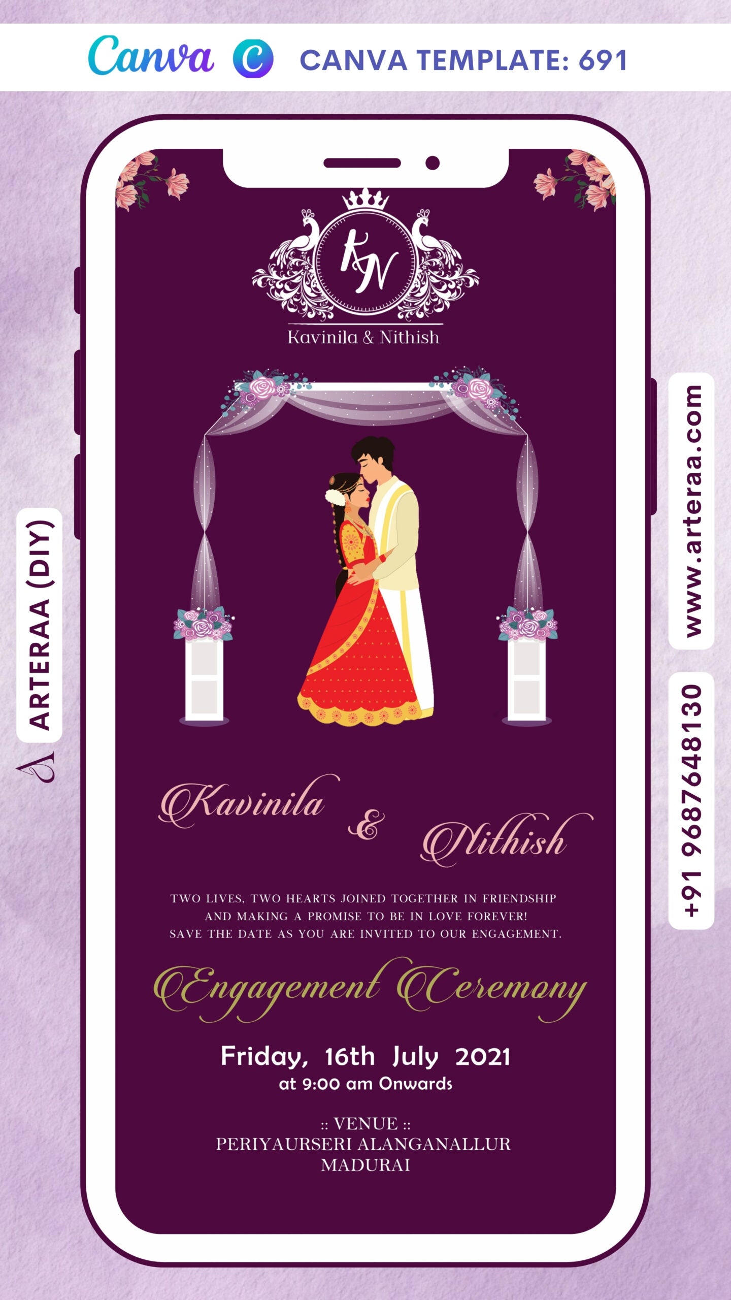 Engagement ceremony invitation card in english language with flowers, mandap, couple doodle as minimalistic theme Canva Editable Template design 691