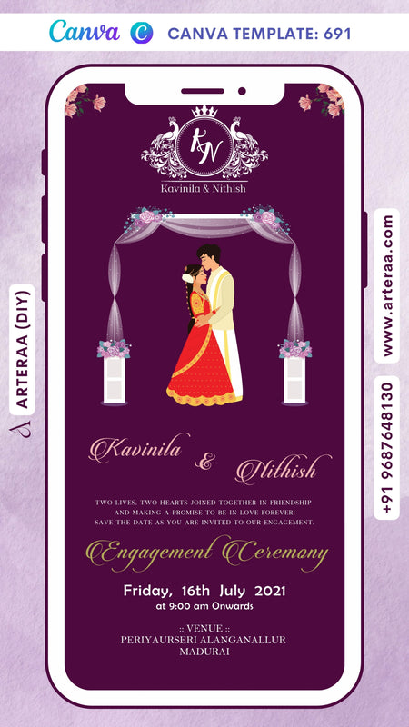 Engagement ceremony invitation card in english language with flowers, mandap, couple doodle as minimalistic theme Canva Editable Template design 691