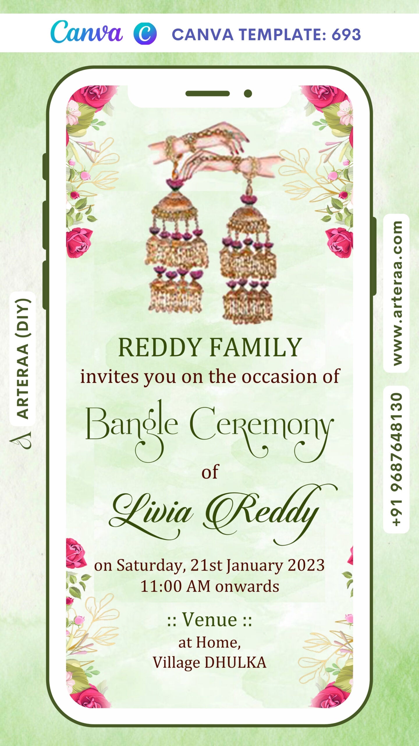 Choora ceremony invitation card Canva Editable Template in english language with flowers as floral theme design 693