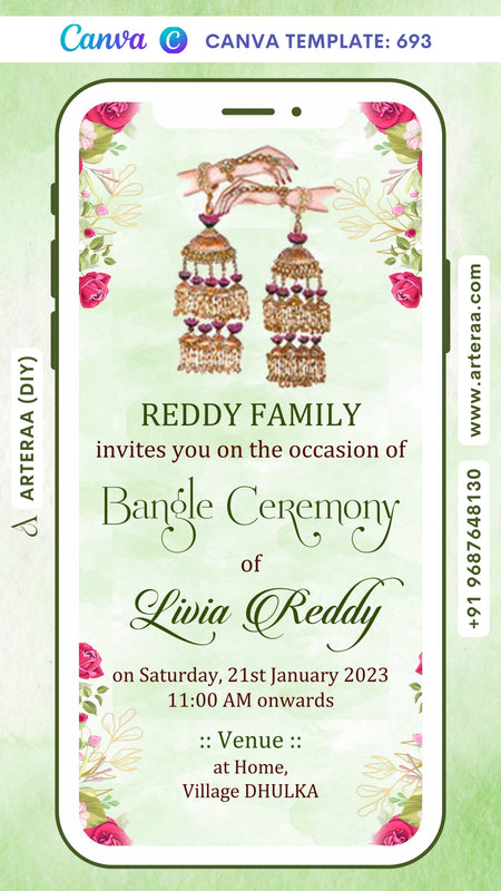 Choora ceremony invitation card Canva Editable Template in english language with flowers as floral theme design 693
