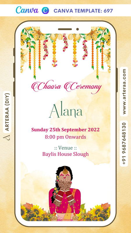 Choora ceremony invitation card Canva Editable Template in english language with girl doodle as floral theme design 697