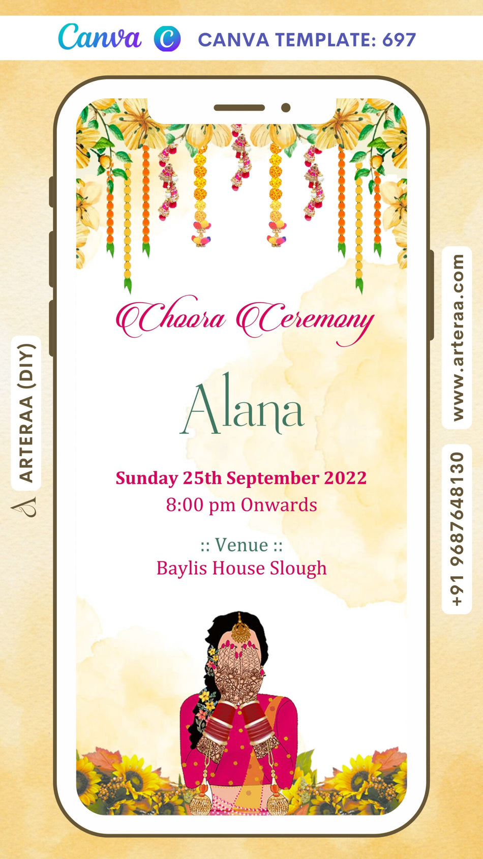 Digital Choora Ceremony Invitation Of Illinois Famliy In English Language With Floral Theme Canva Editable Template design no - 697