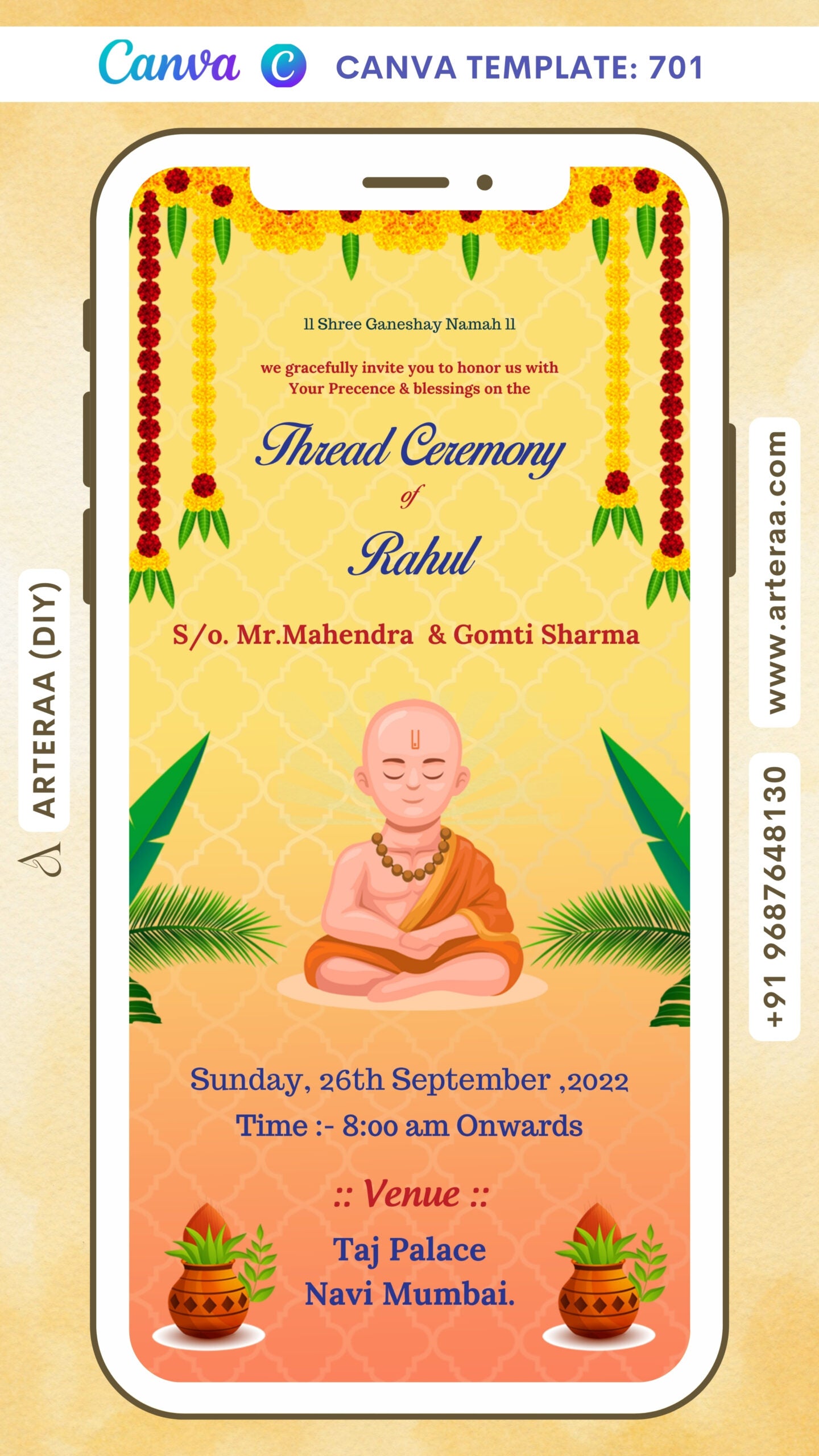 Thread ceremony invitation card Canva Editable Template in english language with yagnopaveet doodle, garland as traditional theme design 701