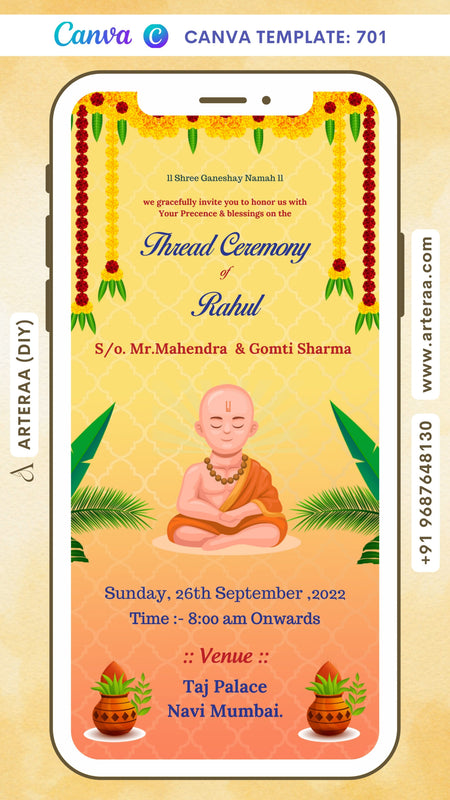 Thread ceremony invitation card Canva Editable Template in english language with yagnopaveet doodle, garland as traditional theme design 701