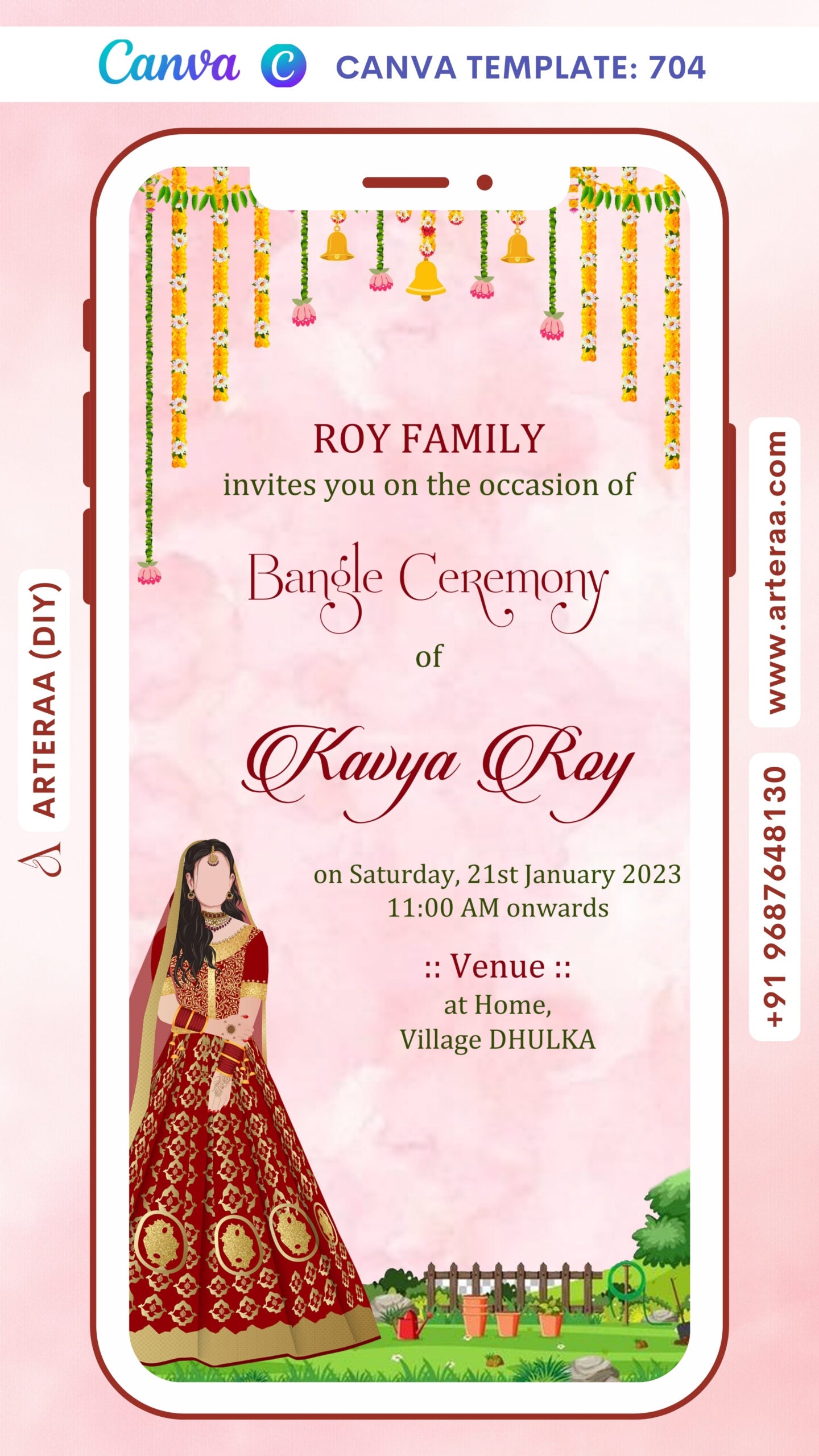 Choora ceremony invitation card Canva Editable Template in english language with garden theme design 704