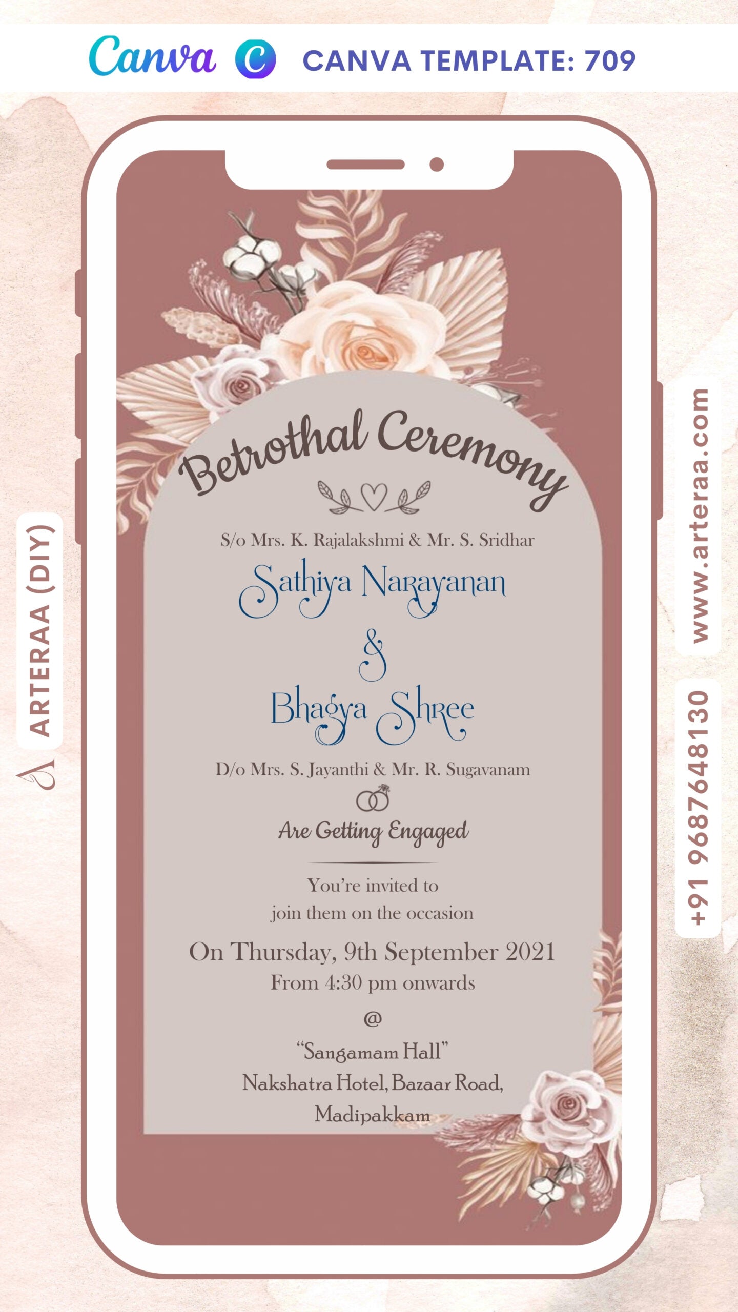 Betrothal ceremony invitation card Canva Editable Template for Catholic family in english language with flowers as gate theme design 709