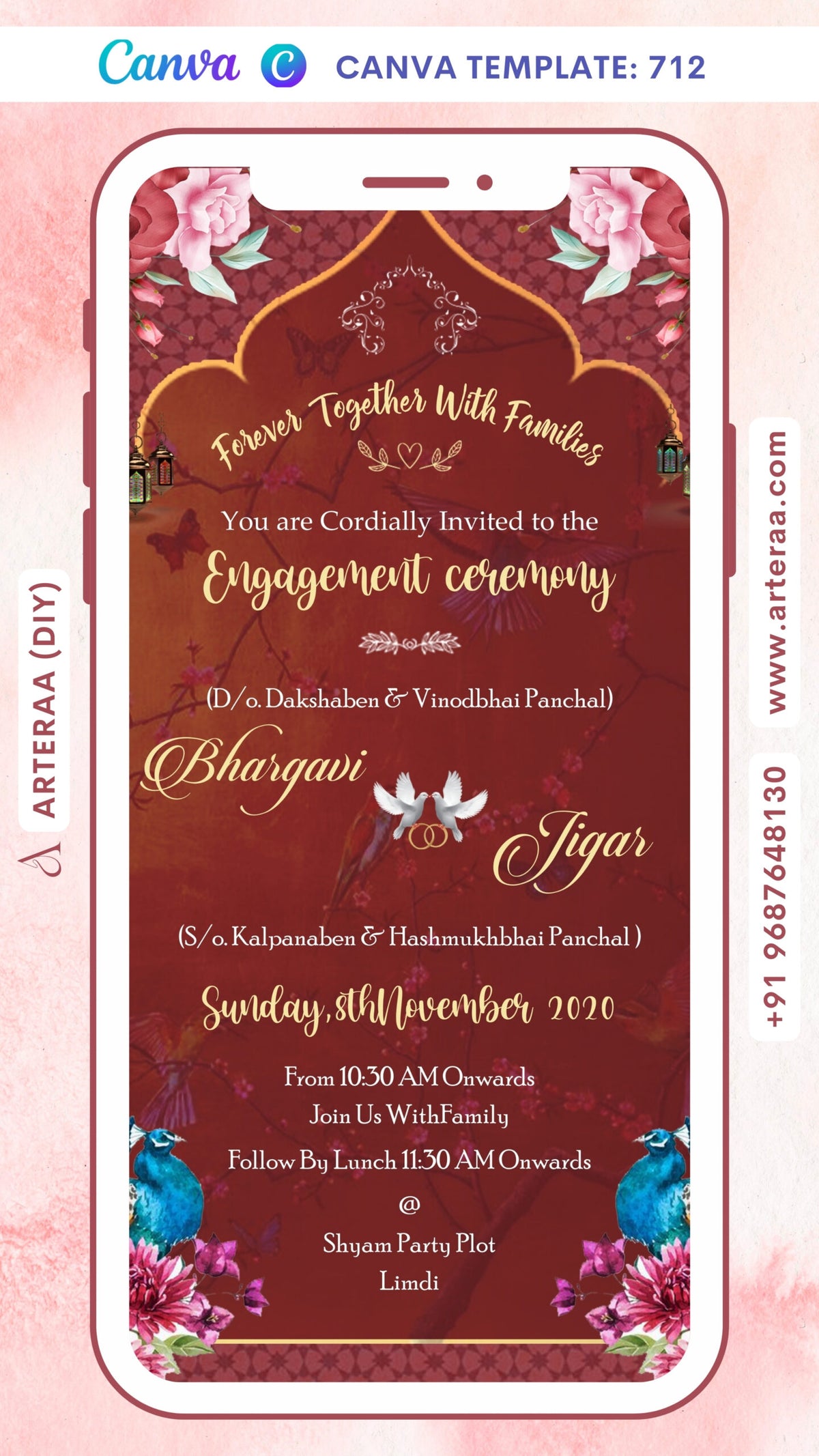 Engagement ceremony invitation card Canva Editable Template in english language with flowers, peacock, couple doodle as arch theme design 712