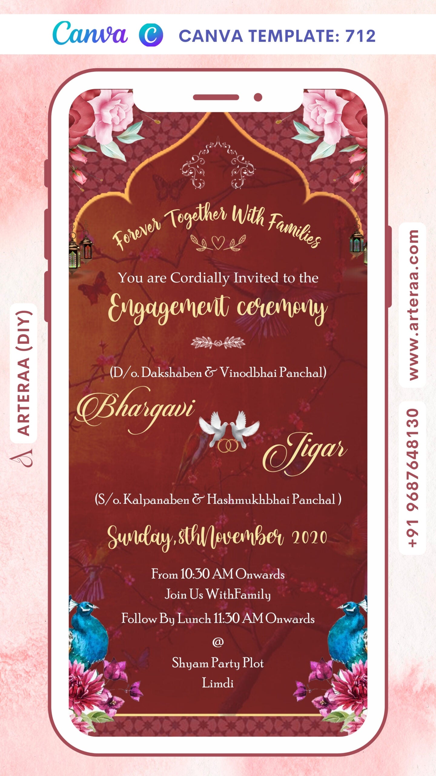 Engagement ceremony invitation card Canva Editable Template in english language with flowers, peacock, couple doodle as arch theme design 712