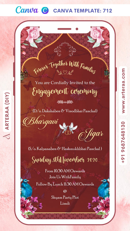 Engagement ceremony invitation card Canva Editable Template in english language with flowers, peacock, couple doodle as arch theme design 712