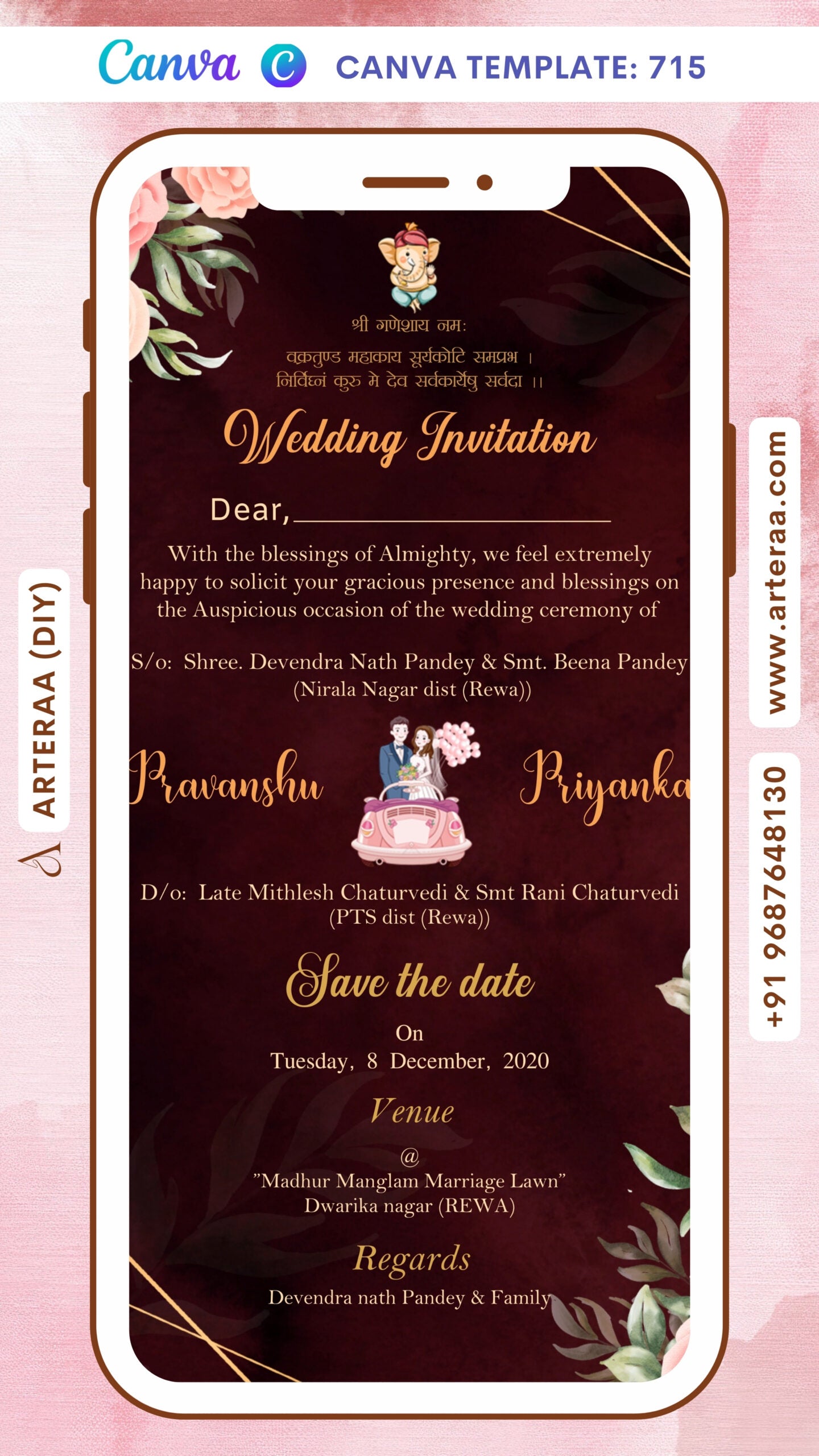 Wedding ceremony invitation card Canva Editable Template of hindu south indian telugu family in english language with Floral theme design 715
